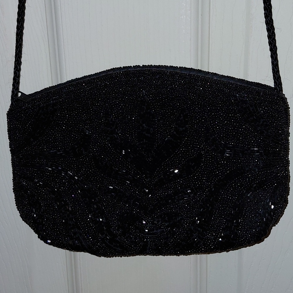 NWOT Black Beaded Evening Bag, Zipper Top Closure, Long Cord Strap or Clutch
